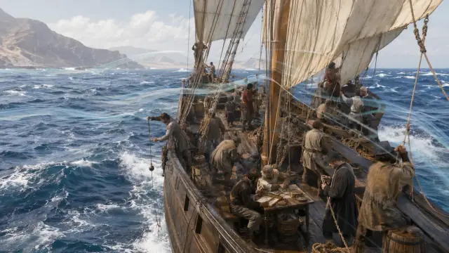 Reconstruction of a caravel's deck in a heavy following sea off the Cape, crew working the rigging as the ship heels into the swell.