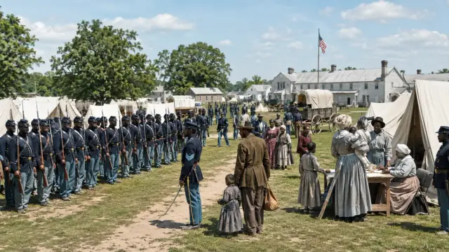 Reconstruction of a United States Colored Troops camp, soldiers drawn up in ranks beside tent lines and a flag, with families and staff among the huts.