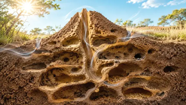 Scientific illustration of an ant nest in cutaway: galleries, brood chambers and ventilation shafts drawn through the soil beneath a mound.