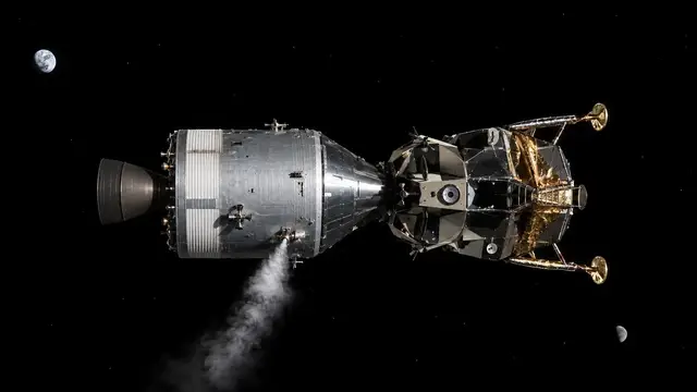 Reconstruction of the Apollo 13 command-service module and lunar module drifting in black space while venting a white plume of oxygen, with Earth small behind it and the Moon small ahead.