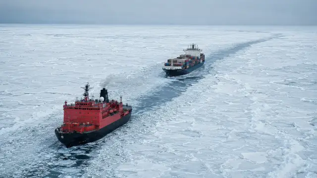 Illustrative scenario image of a red icebreaker leading a container ship along a freshly cut channel through Arctic pack ice, seen from above.