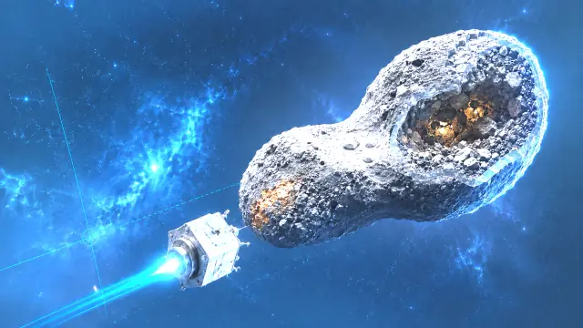 Speculative scenario of a kinetic impactor spacecraft on final approach to a small asteroid against a starfield, the body's cratered surface lit from one side.