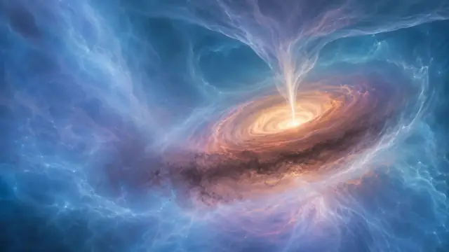 Scientific illustration of a forming star: a bright protostellar core inside a rotating accretion disc, with jets running out along the rotation axis.