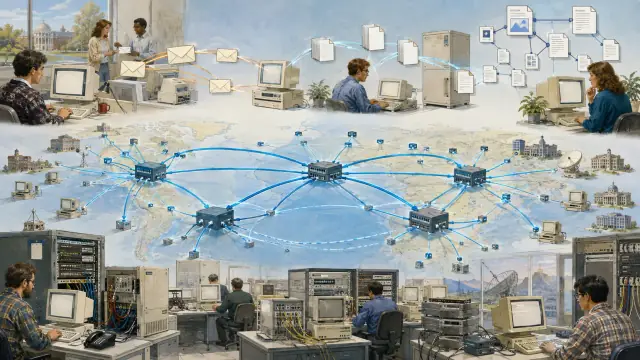 Reconstruction of early networked computers connected by glowing link traces arcing across a pale field, period terminals and racks at each node.