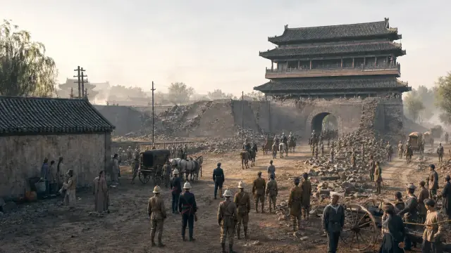 Reconstruction of allied troops and carts massing before a Beijing gate tower during the relief of the legations.