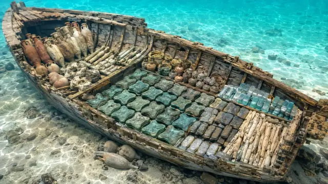 Reconstruction of the Uluburun wreck on the seabed, rows of copper oxhide ingots and storage jars lying in the hull's outline in clear turquoise water.
