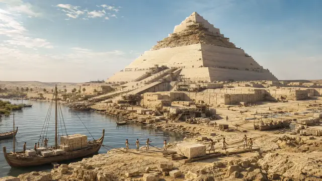 Reconstruction of the Great Pyramid mid-construction, its upper courses still stepped and unfinished, with ramps rising from staging yards and cargo boats delivering stone at a harbor in the foreground.