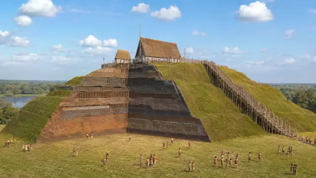 Reconstruction of Monks Mound at Cahokia, the great stepped earthwork with a timber structure on its summit and a palisade line running past its base.
