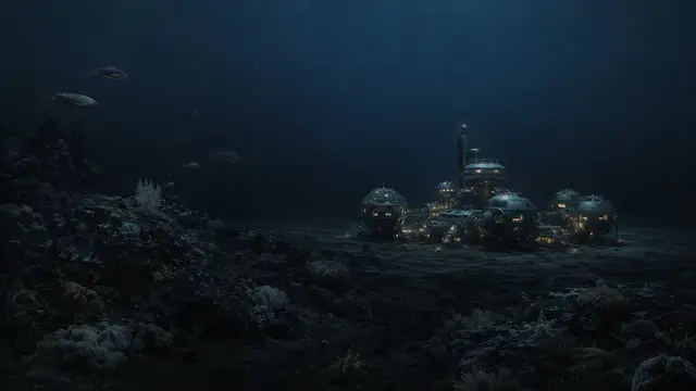 Speculative reconstruction of a small settlement of illuminated dome habitats on a dark seafloor, viewed across a coral-covered ridge with squid drifting in the water above.