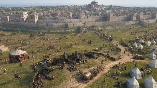 Reconstruction of the Ottoman siege lines of 1453, with great bombards and an encampment arrayed on the plain before the Theodosian Walls of Constantinople, Hagia Sophia visible on the skyline.