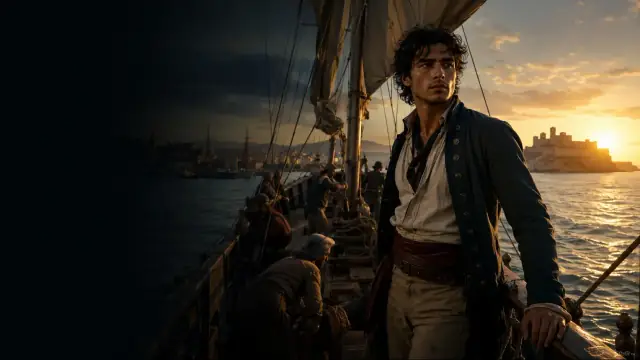 Scene from Dumas's novel: a young sailor stands in the rigging of the Pharaon as she enters Marseille at sunset, the island fortress of the Château d'If on the horizon behind her.