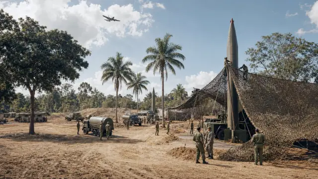 Reconstruction of a Soviet missile site in Cuba: a transporter-erector under camouflage netting among palms, with a reconnaissance aircraft crossing high above.