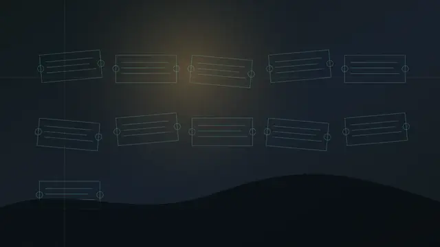 Reconstruction plate depicting the Dunhuang library cave's holdings as tilted rows of schematic manuscript scrolls in teal line work, backlit by a warm lamp-like glow above a dark dune silhouette.