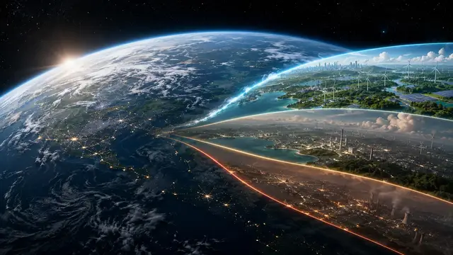 Conceptual visualization of Earth seen from orbit at sunrise, with three divergent future landscapes — a green renewable one, a hazy industrial one, and a burning amber one — fanning out from the planet's horizon along glowing pathway lines.