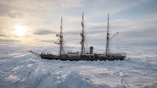Reconstruction of the three-masted ship Endurance held fast in Weddell Sea pack ice, its hull ringed by pressure ridges under a low polar sun.
