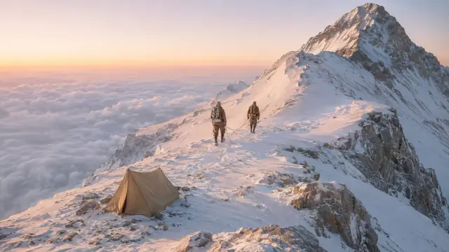 Reconstruction of two climbers on a high Everest ridge at dawn above an unbroken sea of cloud, a small tent pitched on the snow behind them.