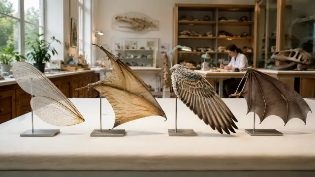 Scientific illustration of four wing specimens mounted side by side on a pale bench — insect, pterosaur, bird and bat — with a researcher at work behind them.