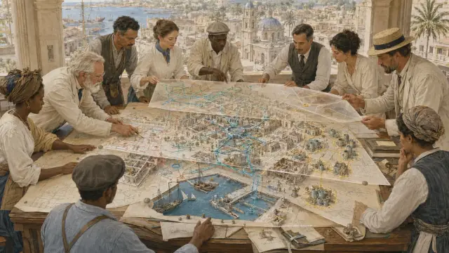 Reconstruction of officials and physicians leaning over a large harbour-city map, marking connections between outbreak sites before germ theory existed.