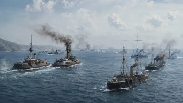 Reconstruction of the Yellow Sea engagement: early steel cruisers under way in line with funnel smoke and shellfire between them.