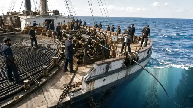 Reconstruction of a cable ship's stern with the telegraph cable running off the drum and down into the Atlantic, crew tending the paying-out gear.
