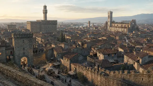 Reconstruction of walled Florence around 1348, seen from the ramparts, with the Palazzo Vecchio tower and the unfinished, scaffolded cathedral rising above tiled rooftops in low evening light.