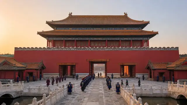 Reconstruction of the Meridian Gate of the Forbidden City at sunrise, with columns of Qing officials filing through its passages toward morning audience.