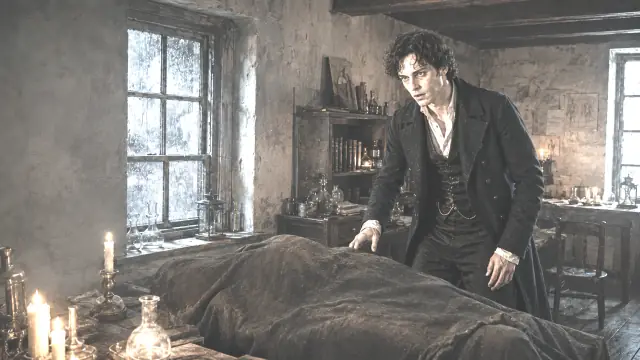 Scene from Shelley's novel: a candlelit garret laboratory at night, the student standing back from a covered form on a bed among apparatus and instruments.