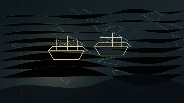 Stylized reconstruction plate of the Franklin Expedition: two gold line-drawn ships, Erebus and Terror, beset among dark layered bands of Arctic pack ice.