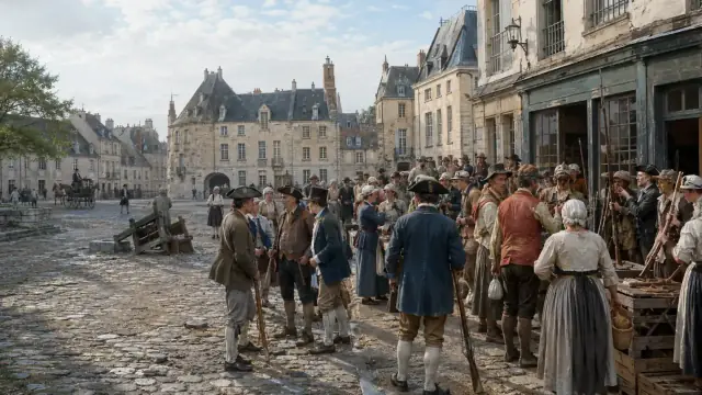 Reconstruction of a Paris street in 1789: a dense crowd gathered around improvised arms and news-sellers between the shopfronts.