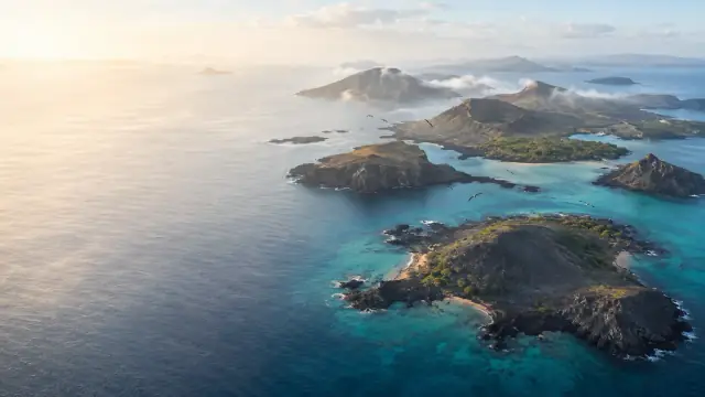 Aerial reconstruction of Galápagos islands: volcanic cones and dark lava coast rising out of clear ocean, with cloud banked over the highlands.