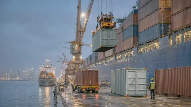 Reconstruction of a container terminal at work: a ship alongside, gantry cranes over the hatches and stacked boxes running back along the quay.