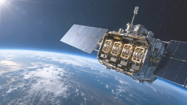 Scientific illustration of a navigation satellite in orbit above a sunlit Earth limb, solar panels extended against black space.