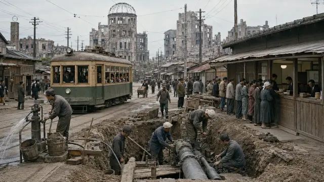 Reconstruction of postwar Hiroshima: a streetcar in service again passes the ruined Genbaku Dome while workers repair a water main and residents queue at a rebuilt shopfront.