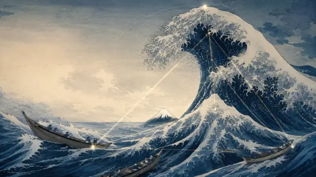 The Great Wave off Kanagawa reproduced with a geometric analysis overlay tracing the wave's diagonal and the triangle that places Fuji behind it.