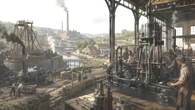 Reconstruction of a factory engine house, a beam engine and condenser driving overhead rotary shafting with workers at the flywheel gallery.