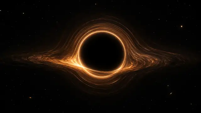 Reconstruction of a black hole seen edge-on: a thin ring of gravitationally lensed orange light encircling the dark event-horizon shadow, with the accretion disk drawn into faint horizontal streaks against a sparse starfield.