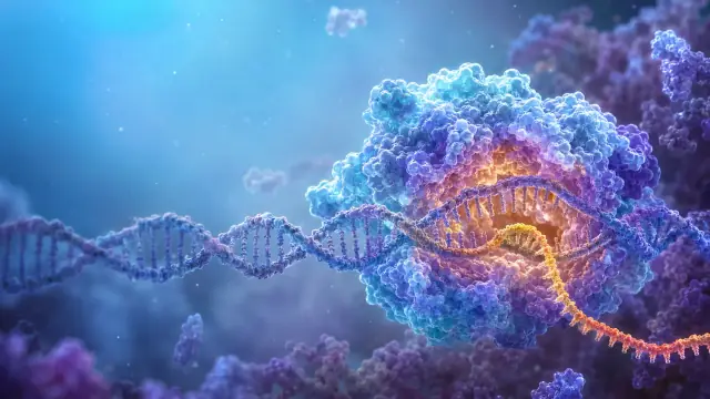 Scientific illustration of a DNA double helix being transcribed, the strands opening at a polymerase with a new RNA strand emerging.