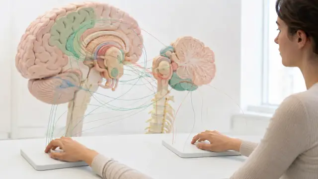 Scientific illustration of two anatomical brain models on a white desk, coloured fibre pathways traced between them as a researcher works alongside.