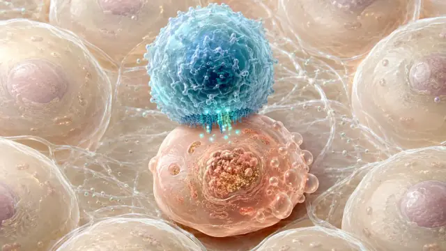 Scientific illustration of a cytotoxic lymphocyte, rendered as a blue textured sphere, docked against the surface of a larger target cell among pale cell bodies.