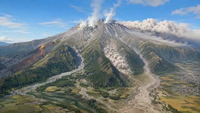 Scientific illustration of an erupting stratovolcano: ash column rising from the summit crater with lava threads on the flank and valleys of older deposits below.