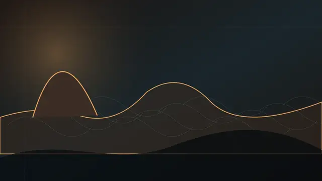 Abstract reconstruction plate of Iwo Jima's profile: an amber-outlined volcanic cone resembling Mount Suribachi rises from a dark island silhouette, with faint layered lines suggesting strata and tunnels beneath the surface.