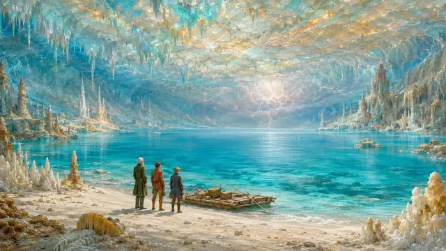 Scene from Verne's novel: the subterranean sea lit by an unexplained luminous sky, with a raft and small figures on a pale rock shore beneath cavern walls.