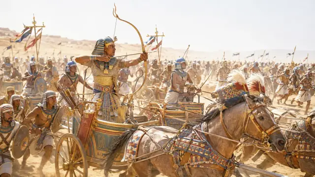 Reconstruction of an Egyptian chariot at speed, the archer drawing while a second chariot and massed infantry follow across the plain.