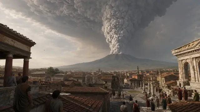 Reconstruction of the AD 79 Plinian eruption column rising from Vesuvius above the rooftops of Pompeii, viewed from a terrace where residents look on.