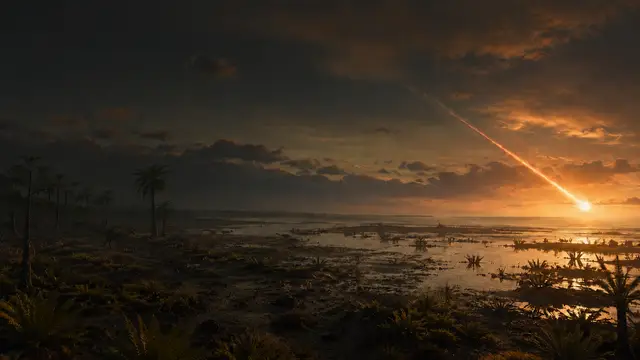 Reconstruction of the Chicxulub asteroid streaking down toward a calm Cretaceous coastal wetland at dusk, moments before impact.