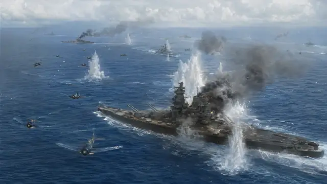 Reconstruction of a battleship under sustained air attack, near-miss columns of water rising around her hull as aircraft cross overhead.