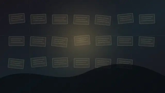 Stylized illustration of a grid of dim tablet-like plaques with ruled lines against a dark ground, a single central tablet lit by a warm glow above silhouetted dunes.