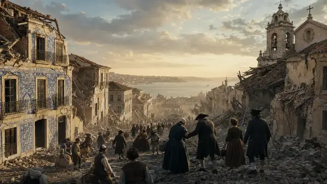 Reconstruction of a ruined Lisbon street after the 1755 earthquake, with survivors gathered between a cracked azulejo-tiled facade and a damaged bell tower, the Tagus estuary visible beyond.