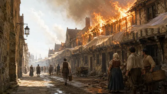 Reconstruction of a narrow London lane of timber-framed houses fully alight, flame and smoke driven sideways by an east wind as people flee with bundles.