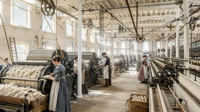 Reconstruction of a cotton mill floor lit from high windows, rows of spinning frames driven by overhead line shafting with operatives working between them.